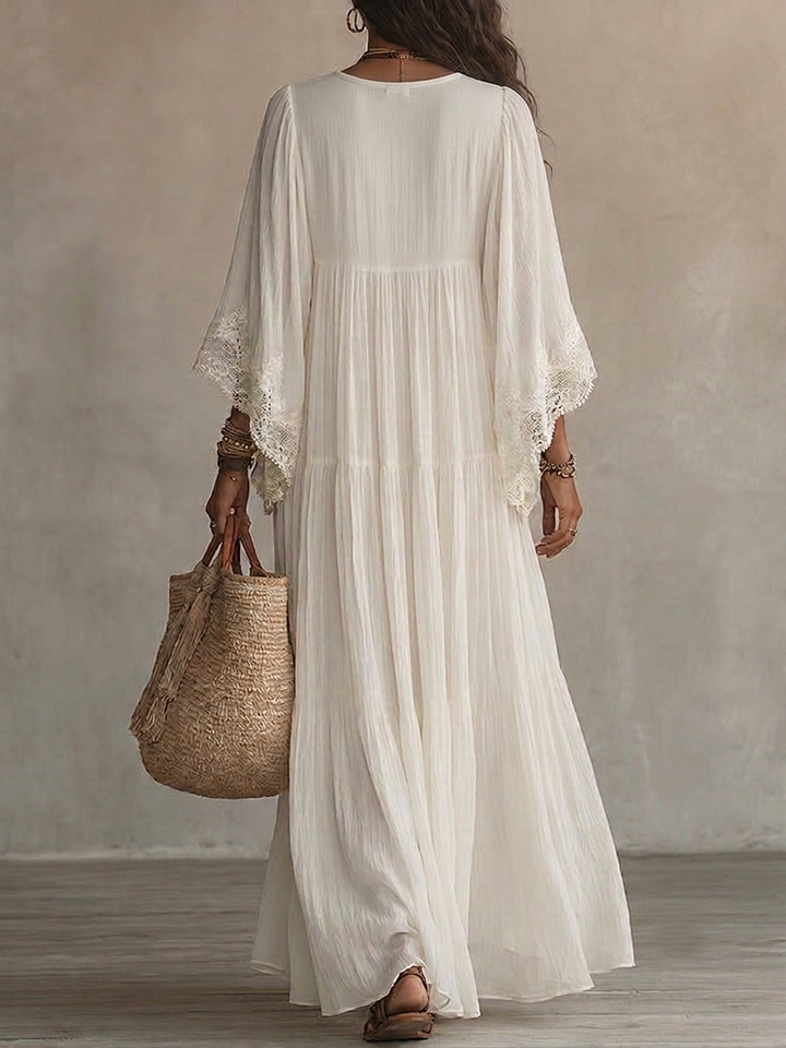 Hvid blonde V-hals batwing-ærme chiffon maxi-kjole
