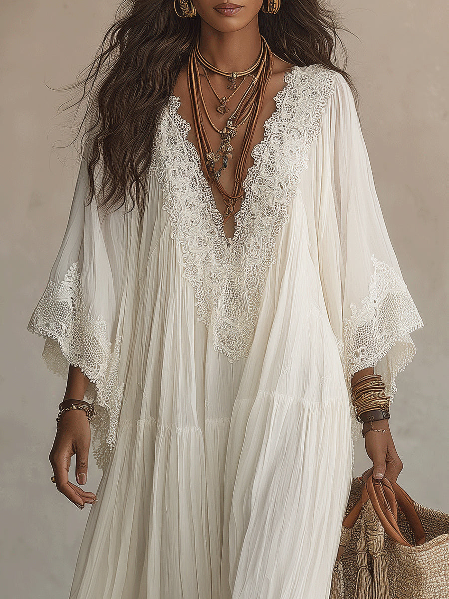 Hvid blonde V-hals batwing-ærme chiffon maxi-kjole