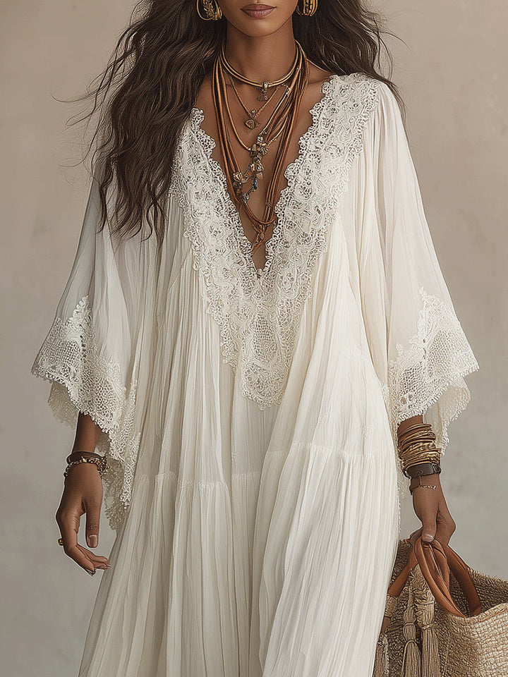 Hvid blonde V-hals batwing-ærme chiffon maxi-kjole