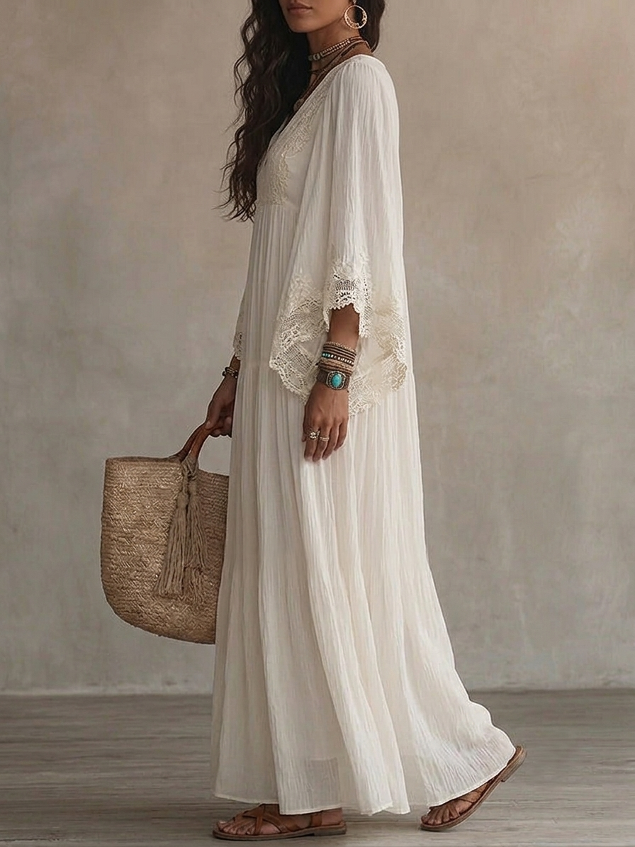 Hvid blonde V-hals batwing-ærme chiffon maxi-kjole