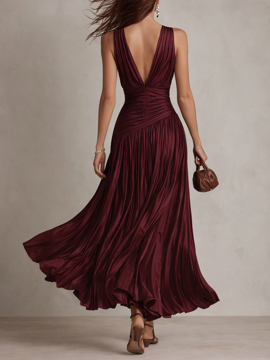 Vestido Longo Vintage Plissado de Cetim Listrado