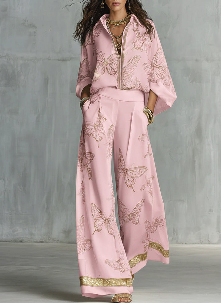 Conjunto Casual Elegante Solto de Duas Peças com Estampa de Borboleta Dourada