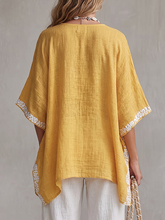 Jane | Blusa de algodón y lino para mujer con estampado bordado y escote en V