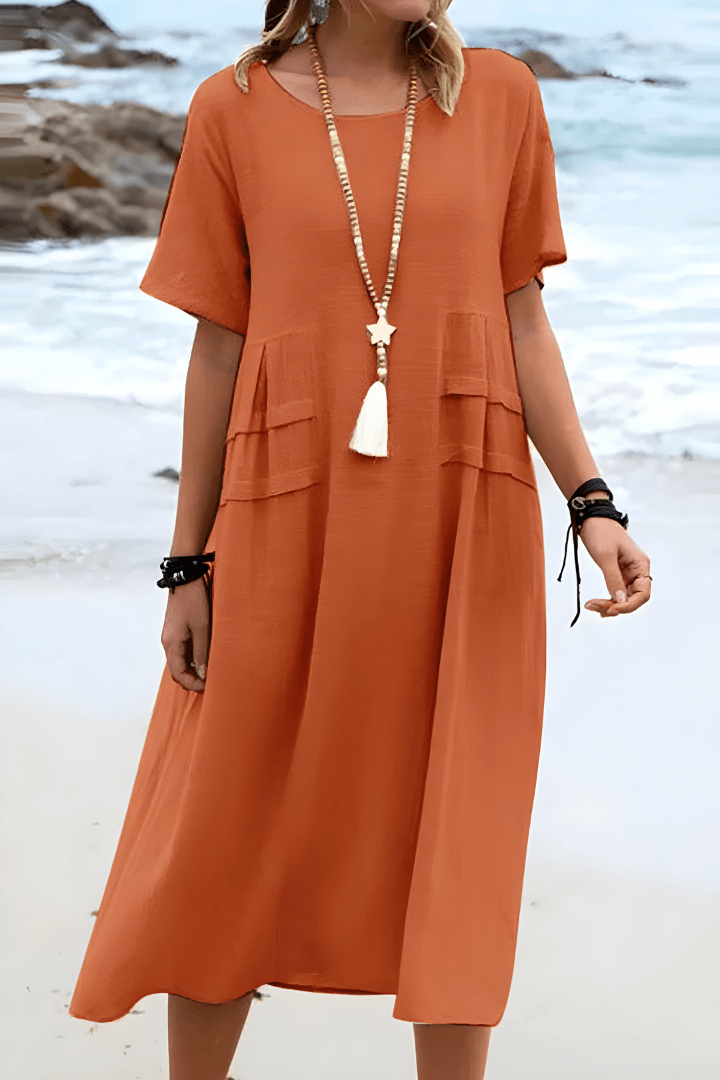 Women's Beige Short-Sleeve Dress with Pockets for the Beach