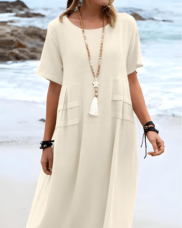 Women's Beige Short-Sleeve Dress with Pockets for the Beach
