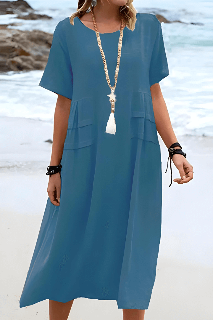 Women's Beige Short-Sleeve Dress with Pockets for the Beach