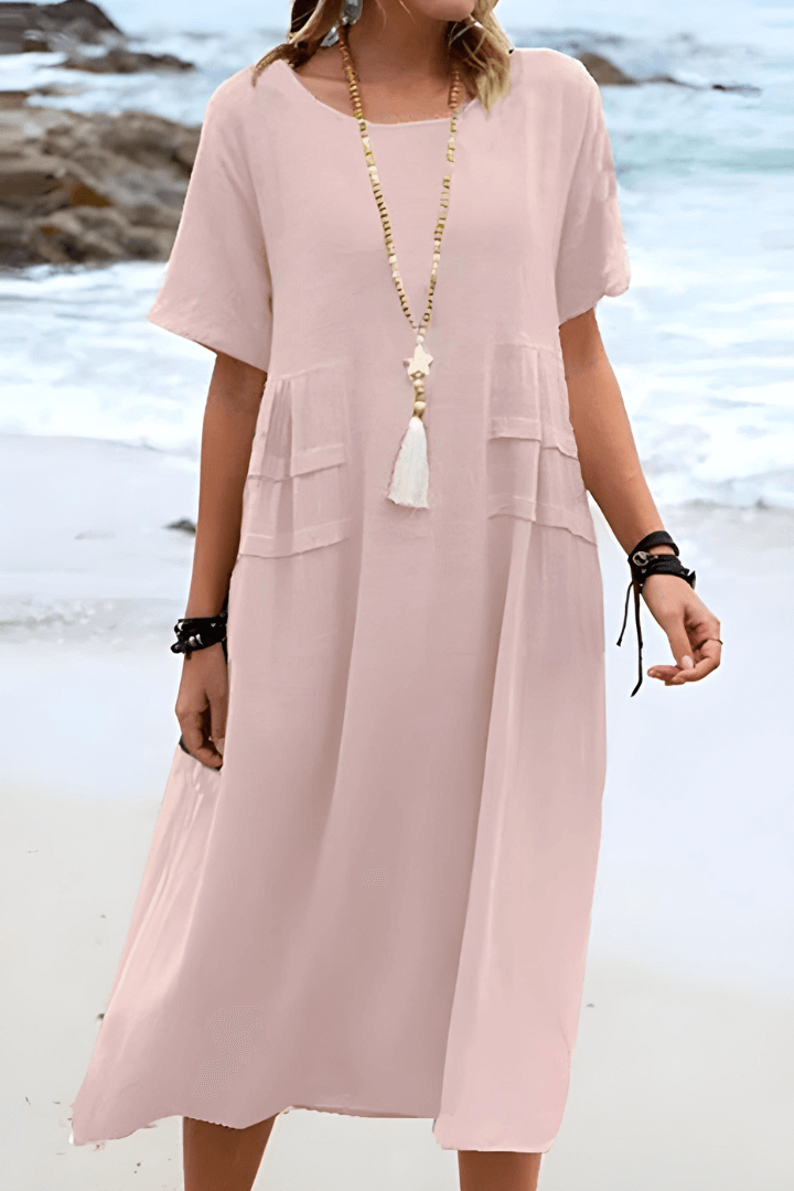 Women's Beige Short-Sleeve Dress with Pockets for the Beach