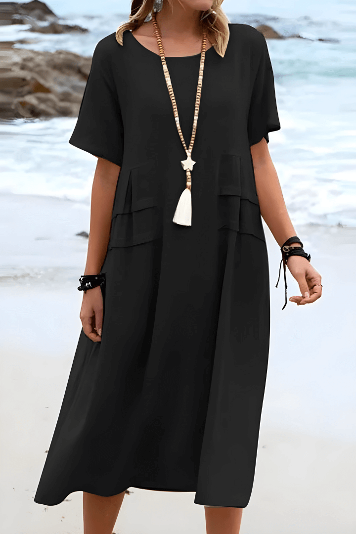 Women's Beige Short-Sleeve Dress with Pockets for the Beach