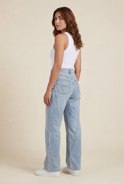 Yoana | Jeans femininos de cintura alta, costura diagonal e perna reta, azul-claro
