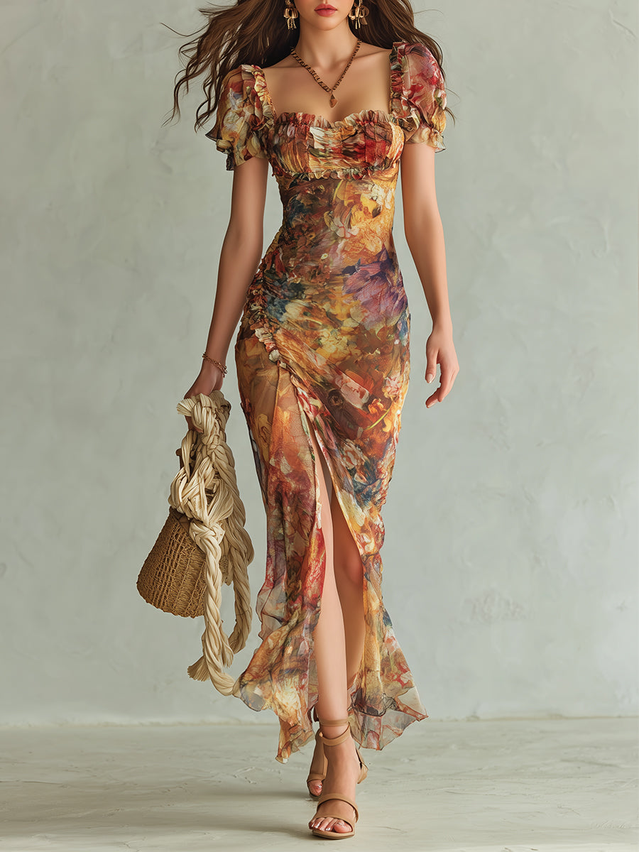 Vestido Longo de Chiffon Estampado com Pintura a Óleo Boho Holiday