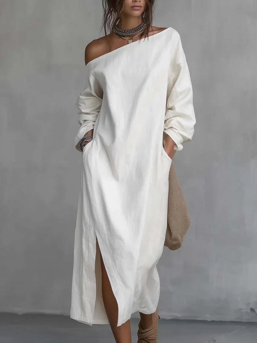 Vestido Midi de Algodão e Linho com Ombro Único, Corte Solto e Fenda na Barra