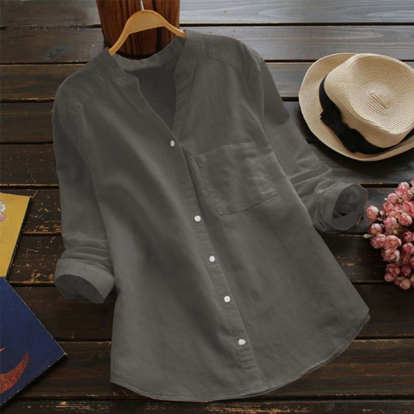 Camisa de linho feminina com mangas longas e gola mandarim