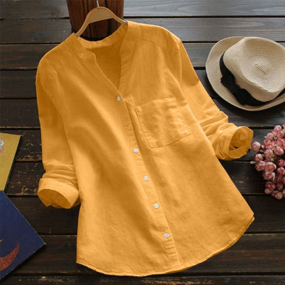 Linen shirt for women with long sleeves and mandarin collar