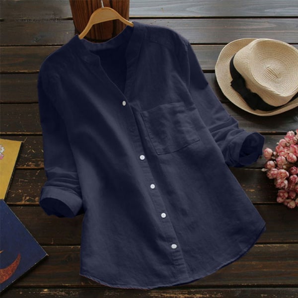 Linen shirt for women with long sleeves and mandarin collar