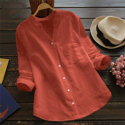 Linen shirt for women with long sleeves and mandarin collar