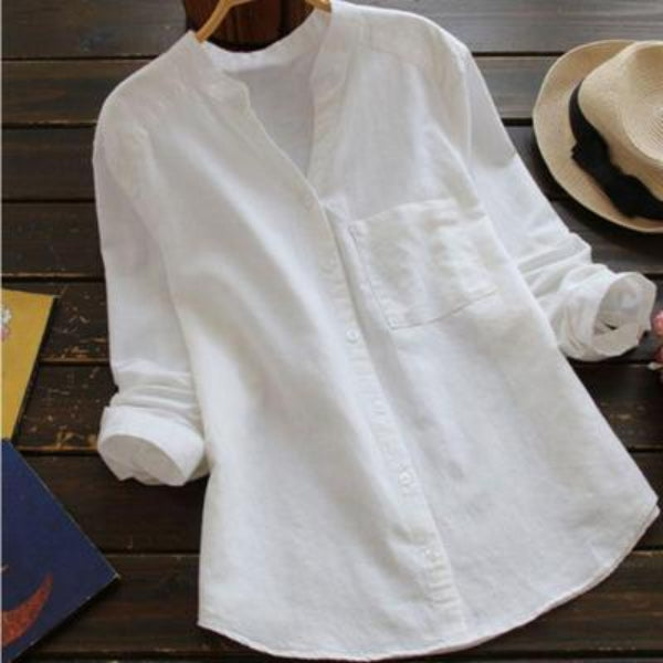 Camisa de linho feminina com mangas longas e gola mandarim