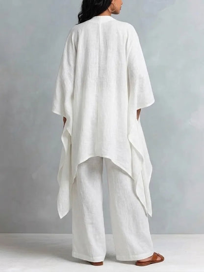 Celeste | Bomuld-linned asymmetrisk cardigan og buksetrusser med vide ben sæt