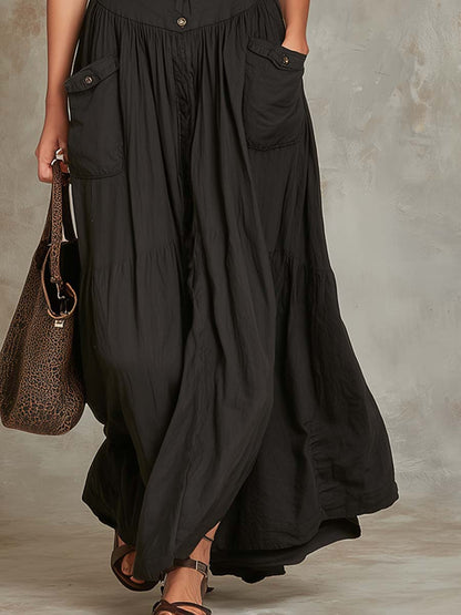 Vestido Longo de Algodão com Bolso de Aba Retrô
