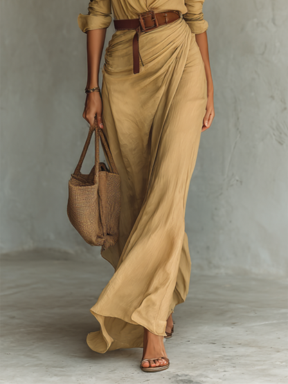 Ladies Lapel Single Breasted Long Sleeve Belted Maxi Dress
