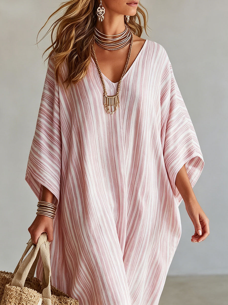 Women's V-neck Striped Half Sleeves Midi Dress