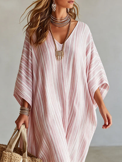 Women's V-neck Striped Half Sleeves Midi Dress