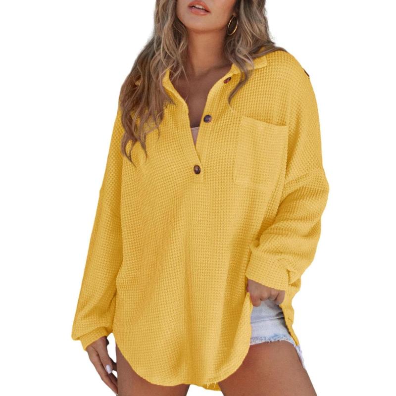 RHANNON™ - Suéter Casual Oversized de Manga Longa com Decote V e Textura Waffle