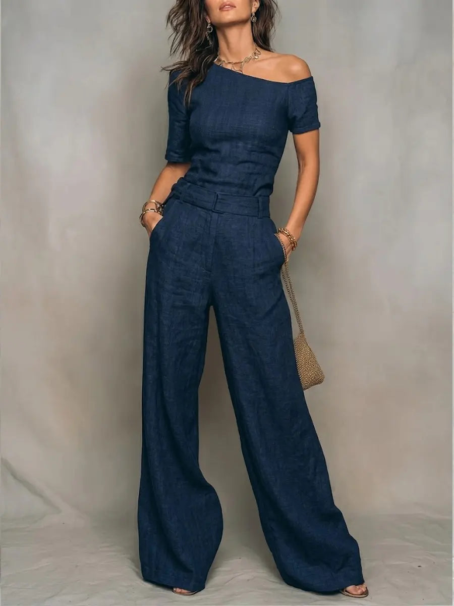 Solene | Hør One-Shoulder Jumpsuit med Bukser med Vide Ben
