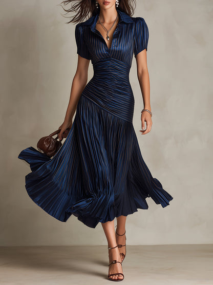 Vestido Midi Bodycon Plissado de Cetim Listrado Retrô