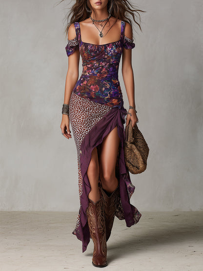 Vestido Longo com Fenda Alta, Estampa de Leopardo e Flores Urban Nomad