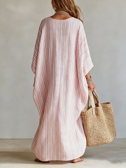 Women's V-neck Striped Half Sleeves Midi Dress