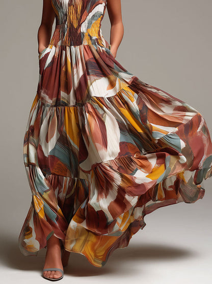 Vestido Longo Boho com Corpete Franzido Multicolorido Abstrato