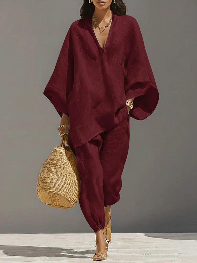 The Cotton Linen V-Neck Top & Wide-Leg Trousers Set