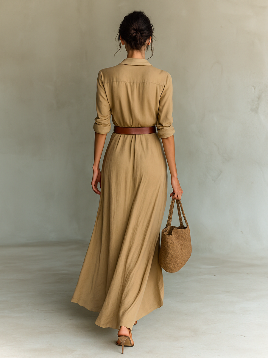 Vestido Maxi Feminino com Lapela, Abotoamento Simples, Manga Longa e Cinto