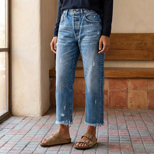 Jimena | Jeans recortados de pierna recta con flecos retro
