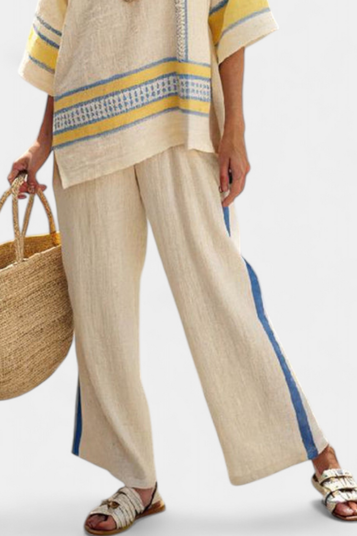 Jaxmere | Conjunto Mediterrâneo Confortável Azul-Amarelo com Blusa e Calça de Linho