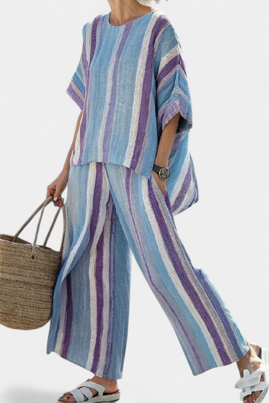 Faelith | Top elegante en pastel malva y pantalones de lino a rayas