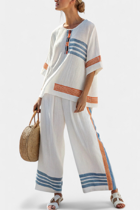 Marcellin | Conjunto sofisticado de blusa y pantalones a rayas azul y naranja