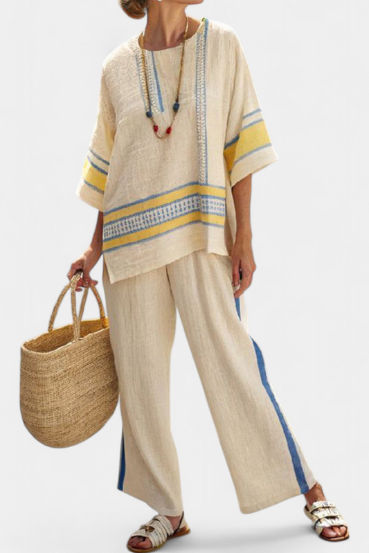 Jaxmere | Conjunto Mediterráneo Cómodo Azul y Amarillo con Pantalones de Lino
