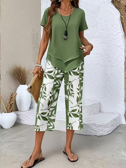 Avy | Casual Leaf Print Two-Piece Set