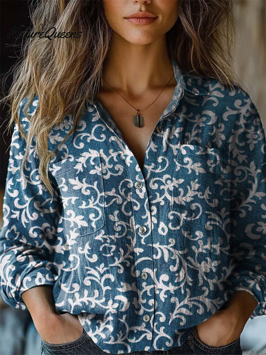 Marilyn | Camisa casual de algodón cómoda para mujer con estampado floral vintage y manga larga