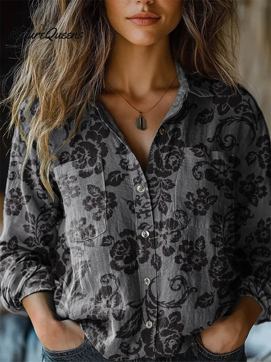 Gloria | Camisa casual de algodón cómoda para mujer con manga larga y estampado floral vintage encantador