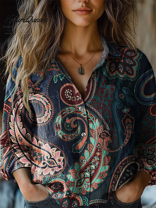 Janice | Camisa casual de algodón cómoda para mujer con manga larga y estampado artístico colorido de cachemira