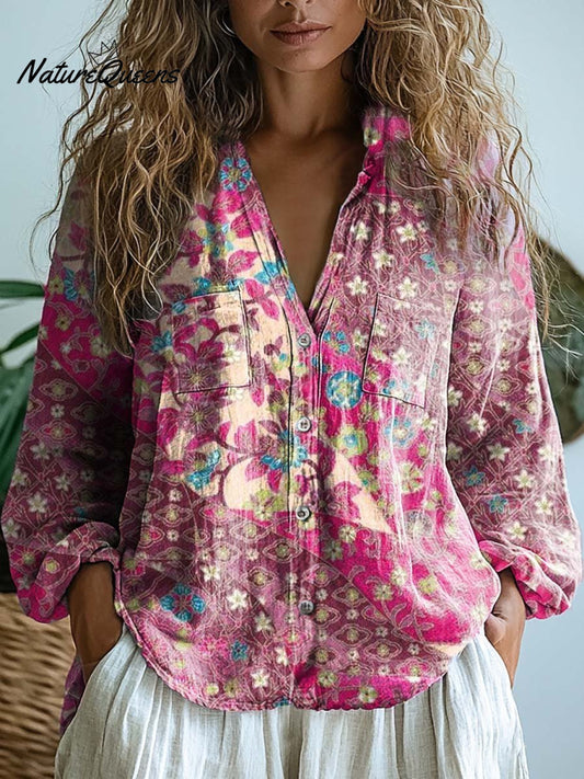 Joyce | Camisa cómoda de algodón para mujer con manga larga casual y estampado floral vintage artístico