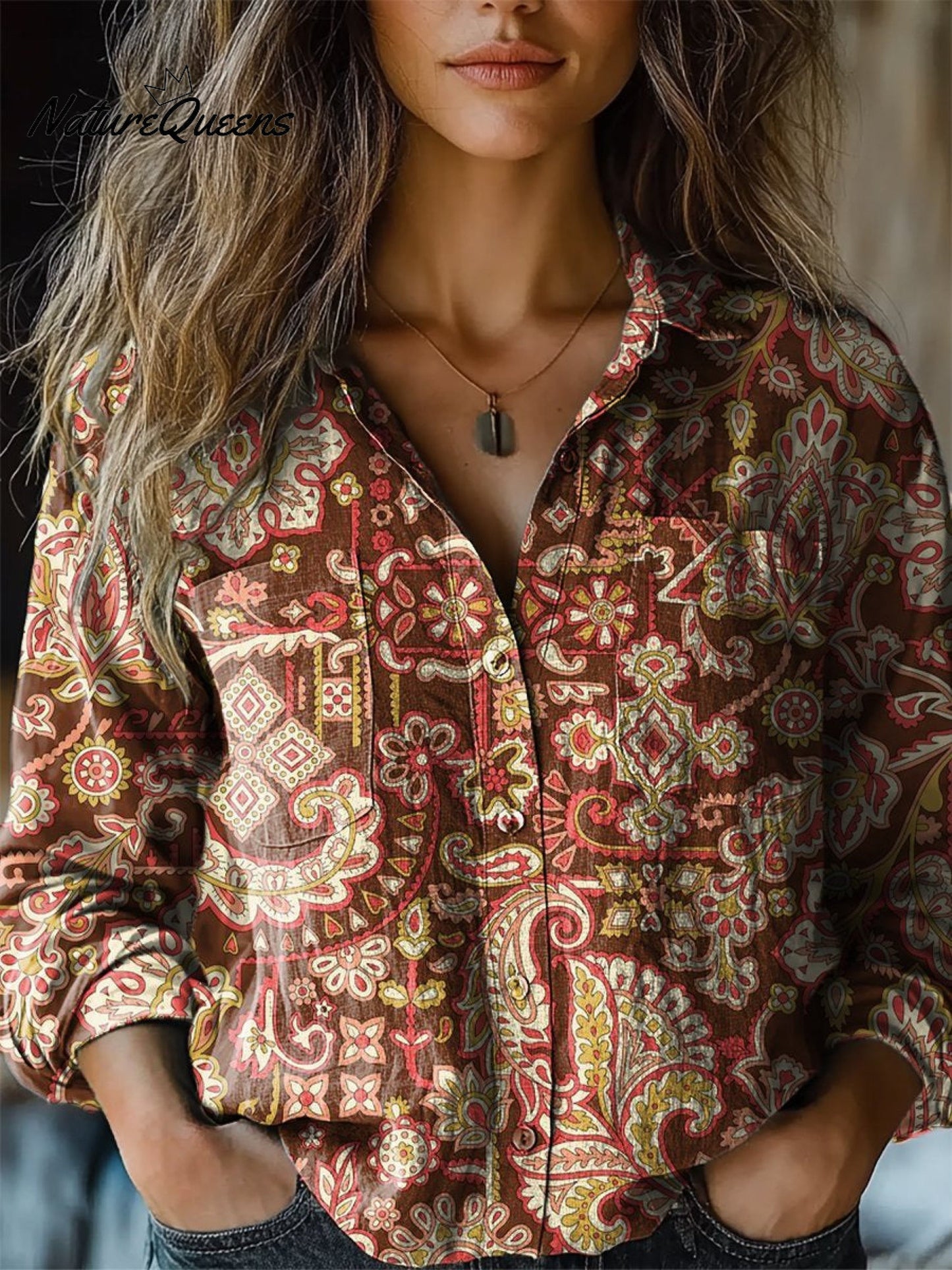 Victoria | Women's Vintage Ethnic Flower Print Casual Long Sleeve Comfortable Cotton Shirt