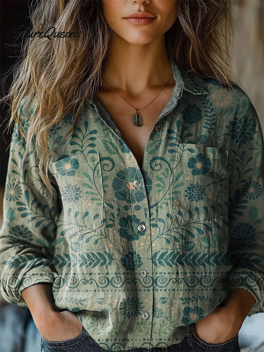 Emilia | Camisa casual de algodón cómoda para mujer con estampado retro de flores y manga larga