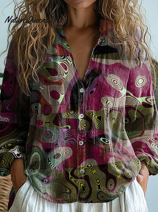 Cheryl | Camisa casual de manga larga para mujer con estampado de formas abstractas y líneas, cómoda, de algodón