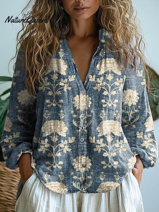 Brenda | Camisa casual de algodón cómoda para mujer con manga larga y estampado floral vintage encantador