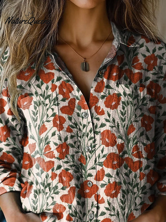 Martha | Camisa casual de algodón cómoda para mujer con manga larga y estampado floral de amapola de verano