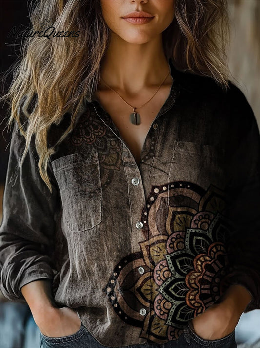 Amanda | Camisa cómoda de algodón para mujer con estampado vintage, manga larga y estilo casual
