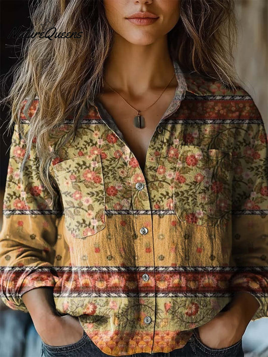 Andrea | Women's Floral Patchwork Art Print Casual Long Sleeve Comfortable Cotton Shirt